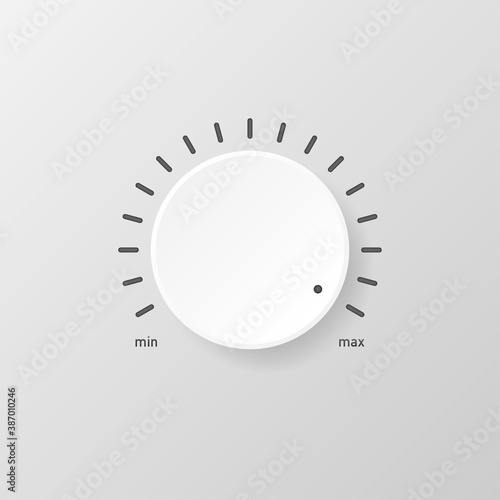 White technology music button, volume knob with realistic designed shadow, range scale and light