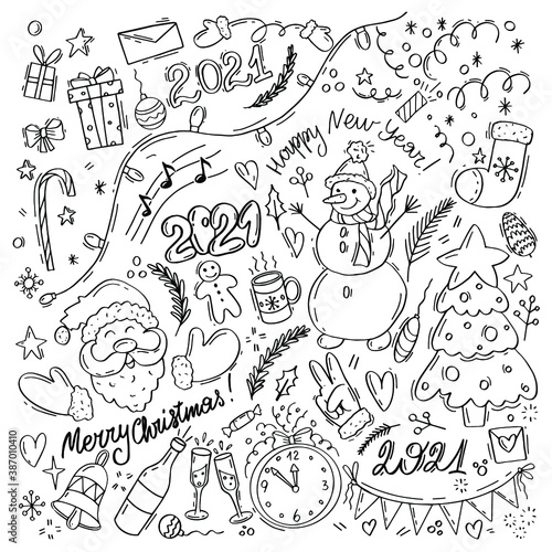  A set of Christmas elements for postcards  packaging  clothes and other designs in a New Year theme. Christmas tree  santa  snowman  garland  clocks  phrases and many other elements in doodle style.