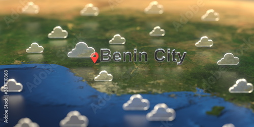 Cloudy weather icons near Benin city on the map, weather forecast related 3D rendering photo