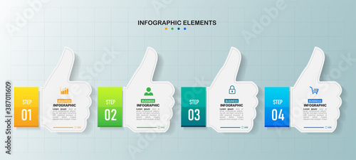 4 Steps timeline infographics with thumbs up hand shape.