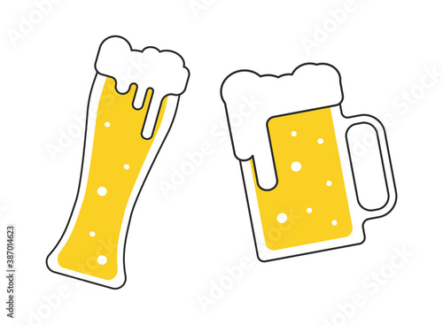 Two beer mugs with white foam isolated on white background. Cheers beer glasses vector illustration