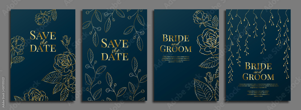 Set of luxury wedding invitation design or greeting card templates with golden roses on a navy blue background Set of luxury wedding invitation design or greeting card templates with golden roses on a navy blue background