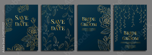 Set of luxury wedding invitation design or greeting card templates with golden roses on a navy blue background