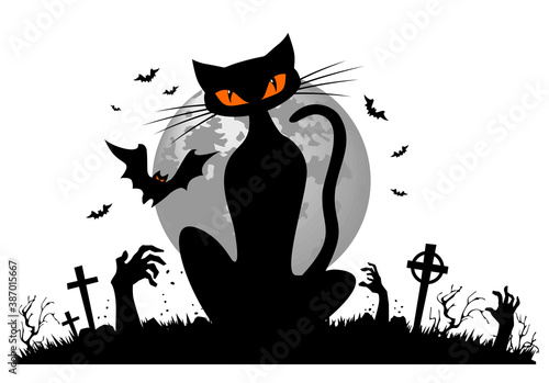 Black cat against the background of a full moon with bats and graveyard with zombie hands. Halloween elements for decoration of flyer, invitation, greeting card. Vector on transparent background