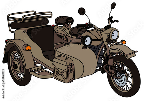 The vectorized hand drawing of a classic sand military sidecar