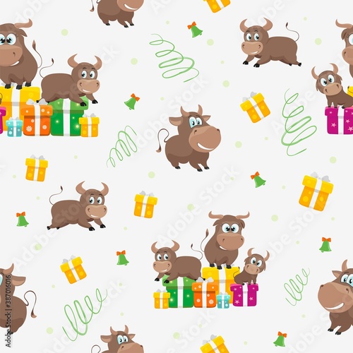 New year background with bull and gifts for design on fabric and clothing.