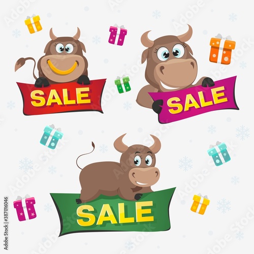 New year's bulls with a sign sale. Beautiful images for creating new year designs with a bull.