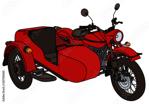 The vectorized hand drawing of a retro red sidecar