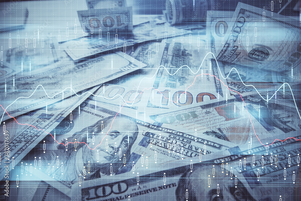 Fototapeta premium Multi exposure of forex chart drawing over us dollars bill background. Concept of financial success markets.