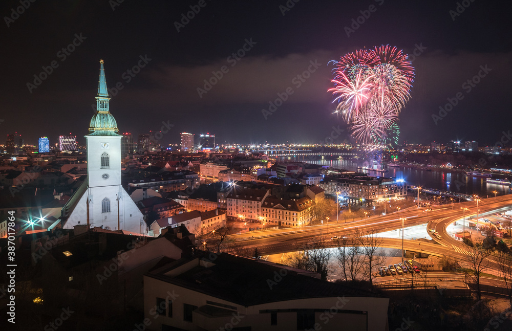 New Year Celebration. Fireworks on Danube River in Bratislava, Slovakia.
