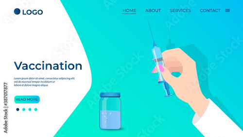Vaccination.The doctor's hand with a syringe makes a vaccination.Concept of treatment and prevention of viral infections.Flat vector illustration.The template of the landing page.