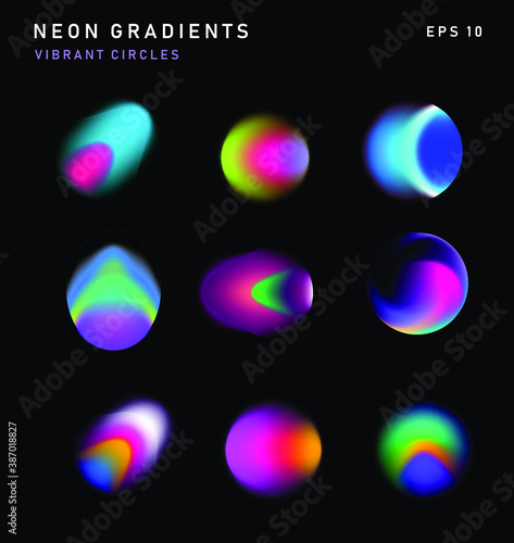 Vibrant colorful abstract gradient blurs, neon spots, blurred circles. Set of design elements for poster, cover, logotype.