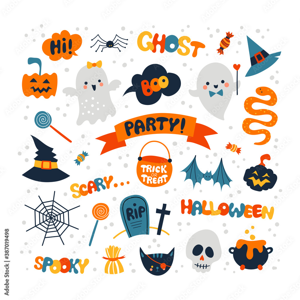 Halloween holiday cartoon illustration set with cute hand drawn characters, elements and letters.