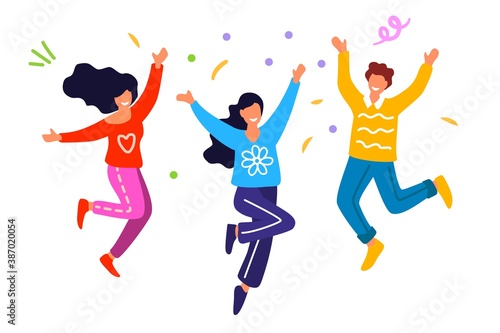 Happy group of people jumping on a white background vector illustration in a flat style Concept of friendship Healthy lifestyle Success