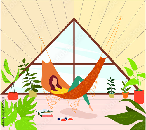 Young woman relaxing in hammock on the terrace. Girl reading book on the balcony. Home garden and cute exterior design. Conservatory with hammock. Modern illustration.