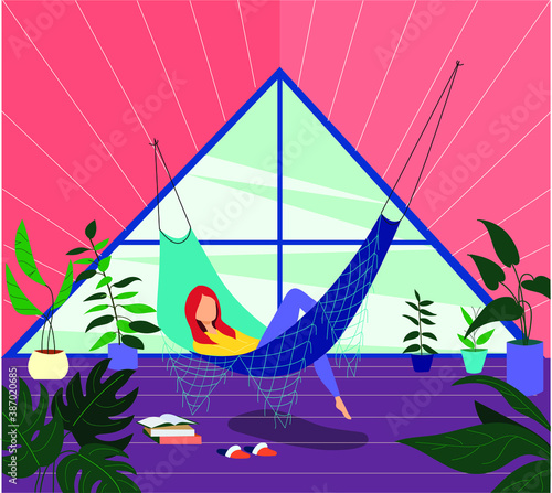 Young woman relaxing in hammock on the terrace. Girl reading book on the balcony. Home garden and cute exterior design. Conservatory with hammock. Modern illustration.