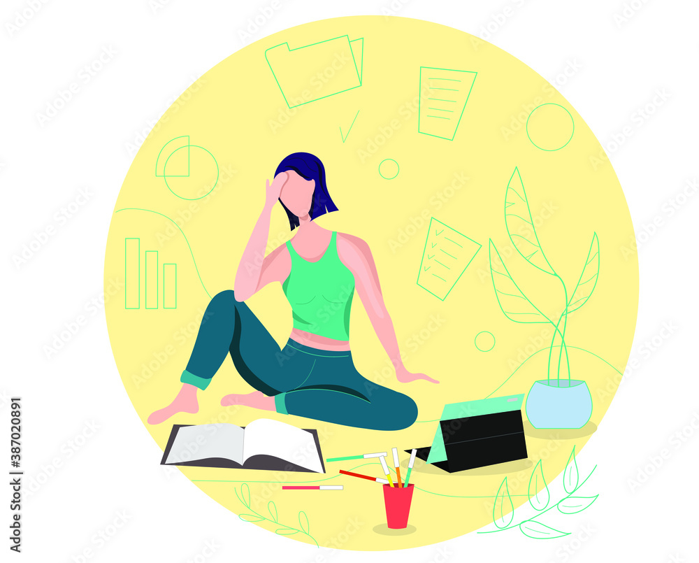 A woman workingat home. She has a lot of work. Vector illustration of student studying at home. A woman workingat home. She has a lot of work. Vector illustration of student studying at home.