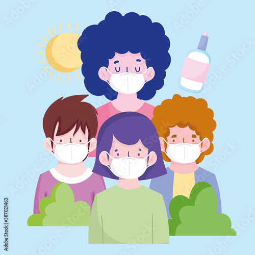 new normal, people with protective masks and sanitizer hands product