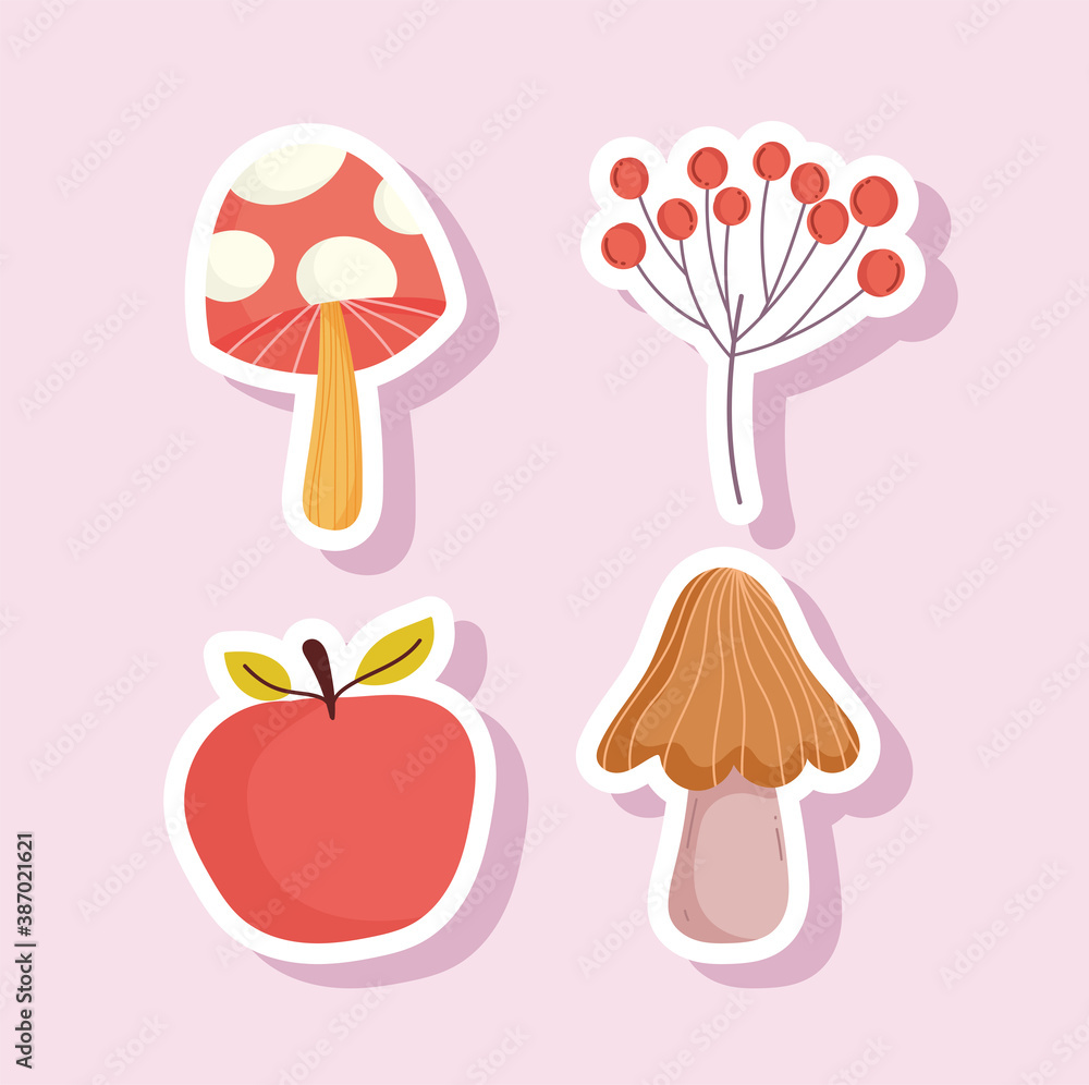 happy thanksgiving apple mushrooms berries branch icons sticker
