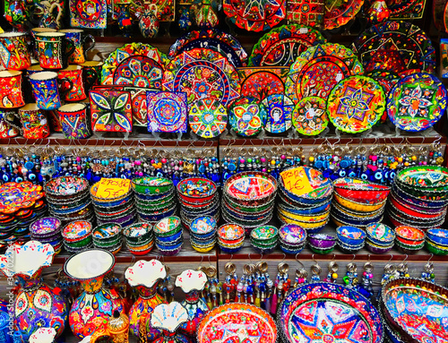 Counter with colored dishes at the market in Mostar