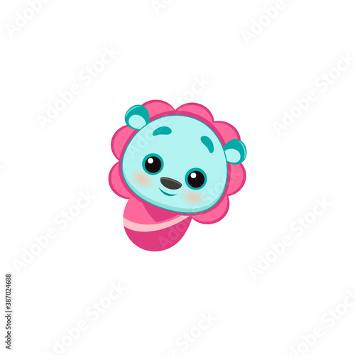 funny blue baby bear in pink swaddling clothes, sticker for printing, emoticon for social networks, mascot, vector eps 10 isolated on white cute toy for kids