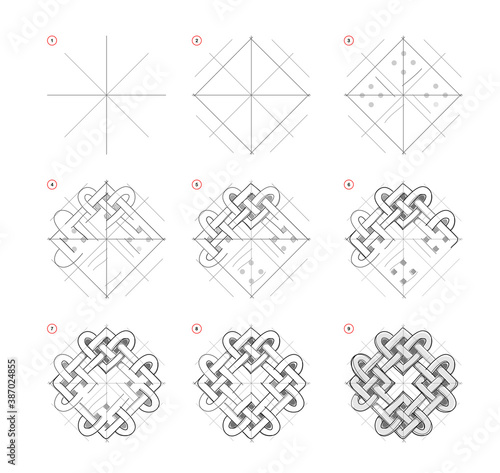 Page shows how to learn to draw sketch of Celtic knot ornament. Creation step by step pencil drawing. Educational page for artists. Textbook for developing artistic skills. Online education. photo