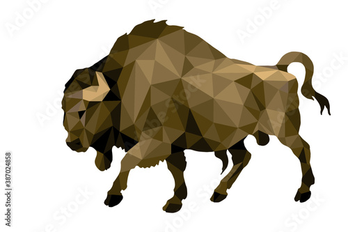 brown bison, bull, isolated monochrome image on a white background in a low-poly style