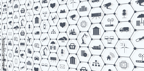 landing page IoT. Internet of things devices and connectivity concepts on a network. Spider web of network connections