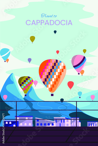 Landscape with mountain views and balloons. Cappadocia and balloons. Vector illustration.