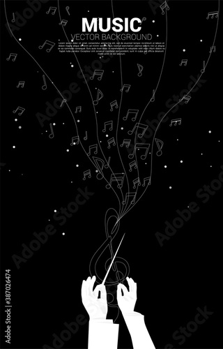 Vector conductor hand with template music melody note dancing flow . Concept background for song and concert theme.