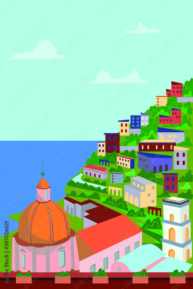 View of the city from above - sea, mountain, architecture. Vector illustration. Picturesque Amalfi coast. Italy

