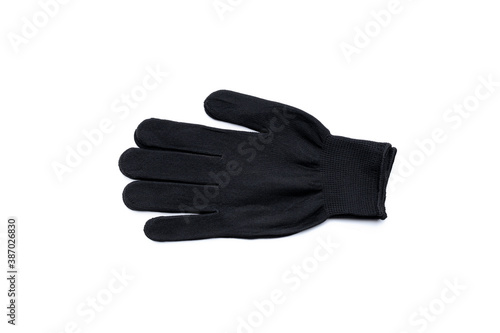 black textile worker gloves isolated on a white background. above view. studio shot. handyman protective equipment