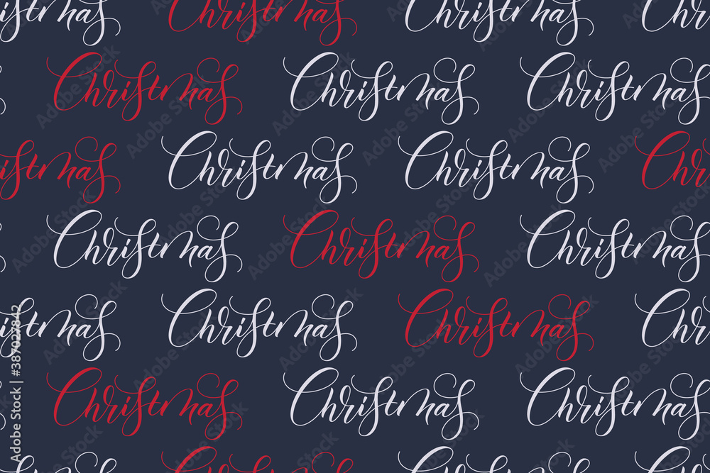 Seamless pattern of handwritten modern brush calligraphy Christmas for wrapper Christmas gifts on blue background. Vector illustration.
