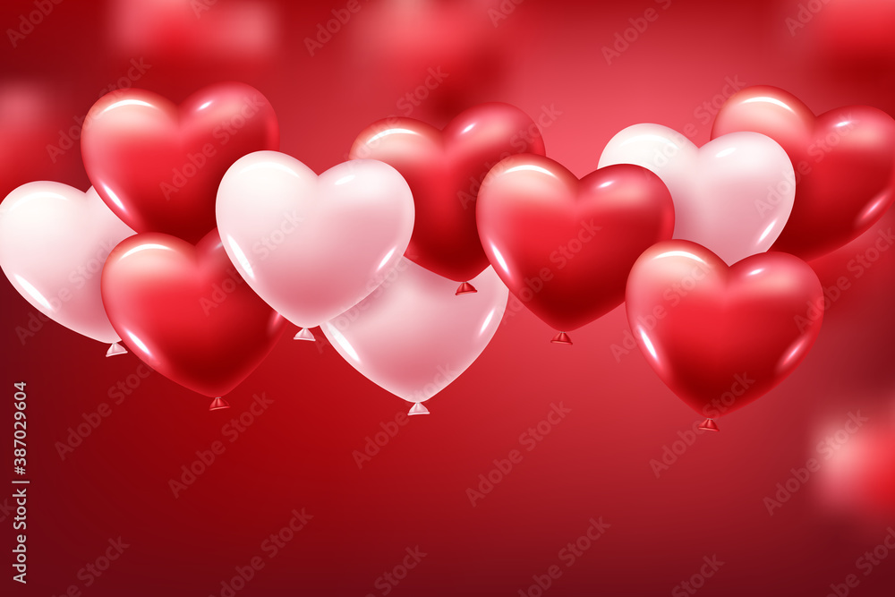 3D Realistic Red Heart Balloons Flying