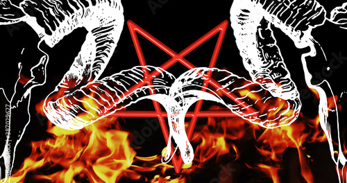 divided ram head, inverted pentagram and flames on black background - satanic illustration