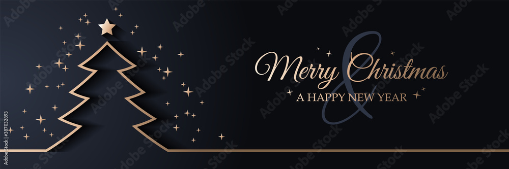 Merry christmas card banner with christmas tree golden line art illustration - obrazy, fototapety, plakaty 