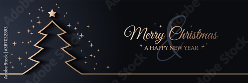 Merry christmas card banner with christmas tree golden line art illustration