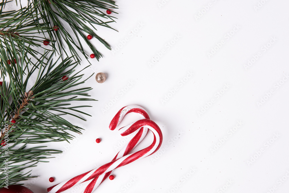 Festive Christmas background with baubles and pine branches Festive Christmas background with baubles and pine branches