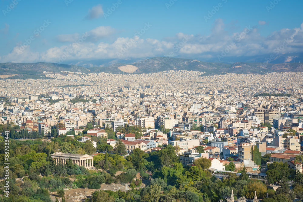 View of Athens and the Temple of Hephaestus in the distance on a sunny day
