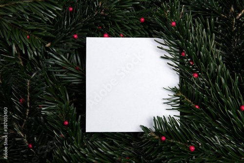 Card on pine needles background surrounded by berries