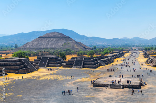 Tourists visiting the Alley of the Dead and Sun Pyramid, Teotihuacan, Mexico.