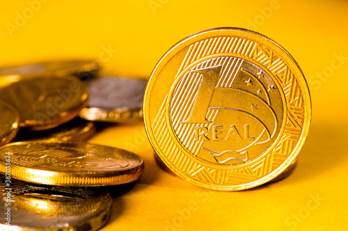 One real coin. Money from Brazil. Economy, investment and income concept. photo