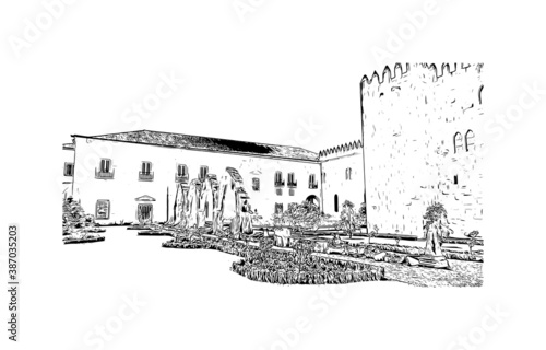 Building view with landmark of Braga is a city in the far north of Portugal. Hand drawn sketch illustration in vector.