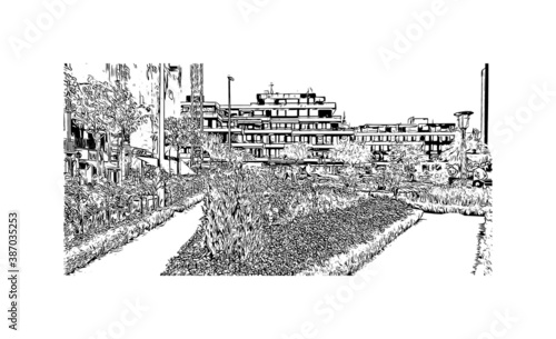 Building view with landmark of Braga is a city in the far north of Portugal. Hand drawn sketch illustration in vector.