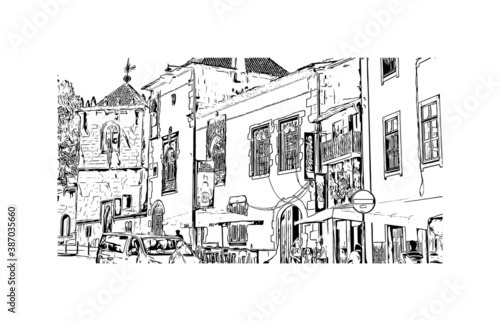 Building view with landmark of Braga is a city in the far north of Portugal. Hand drawn sketch illustration in vector.