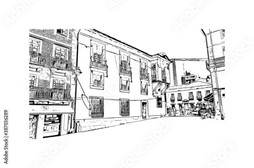 Building view with landmark of Braga is a city in the far north of Portugal. Hand drawn sketch illustration in vector.