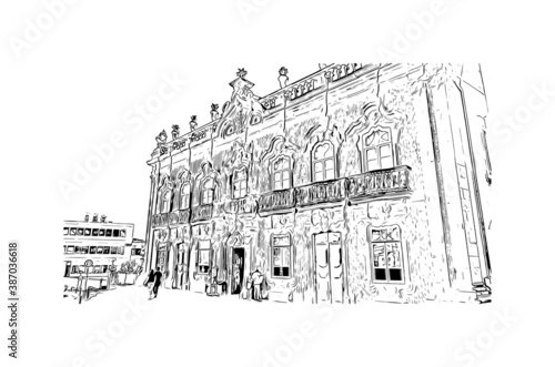 Building view with landmark of Braga is a city in the far north of Portugal. Hand drawn sketch illustration in vector.