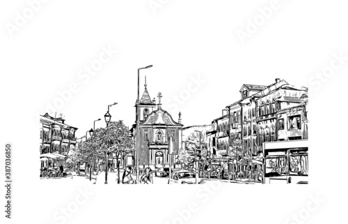 Building view with landmark of Braga is a city in the far north of Portugal. Hand drawn sketch illustration in vector.