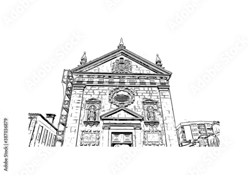 Building view with landmark of Braga is a city in the far north of Portugal. Hand drawn sketch illustration in vector.