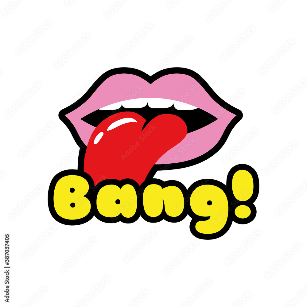 mouth with tongue out and bang word pop art style icon mouth with tongue out and bang word pop art style icon